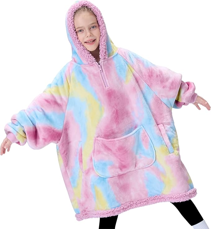 Giggling Getup Wearable Blanket Hoodie for Girls and Boys Warm Cozy Sherpa Fleece Hooded Blanket Sweatshirt Oversized Hoodie with Giant Pocket & Sleeves for Kids Cotton Candy Tie Dye