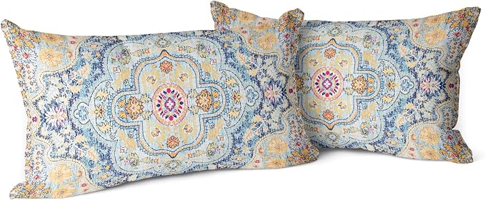 Snycler Boho Throw Pillow Covers 12x20 inch Set of 2 Burnt Blue Yellow Terracotta Rust Colored Throw Pillows Boho Home Decor for Bedroom Living Room Couch & Sofa (No Inserts)