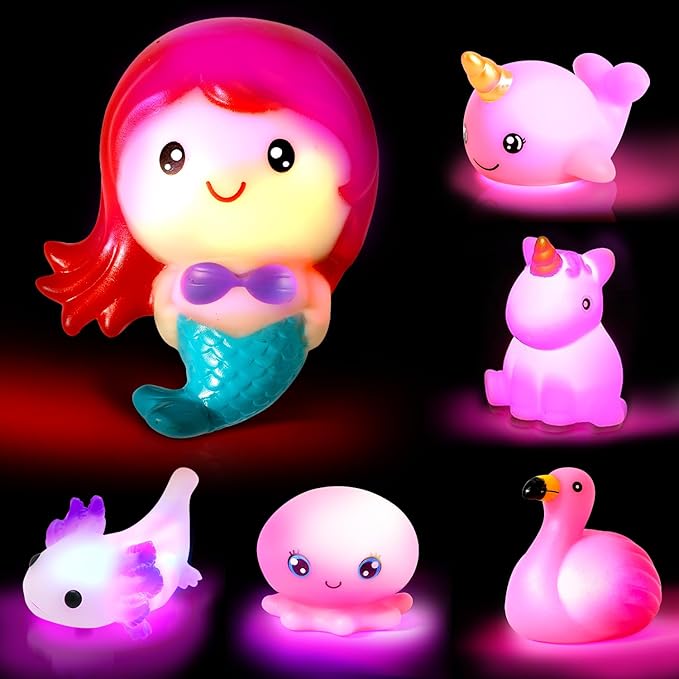 TOY Life 6 PCS Mermaid Light Up Bath Toys for Kids Ages 4-8, No Hole Glow Bath Toys for Kids, Baby Toddler Bath-Time, Birthday Gifts for Kids, Girls, Boys, Ideal for Shower, Bathtub, Pool