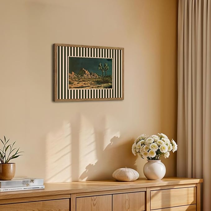 Vintage Western Cactus Wall Art, Southwestern Night Desert Wall Decor Paintings Mid Century Nature Striped Landscape Canvas Prints Artwork for for Living Room Bedroom 16x24 inch Framed