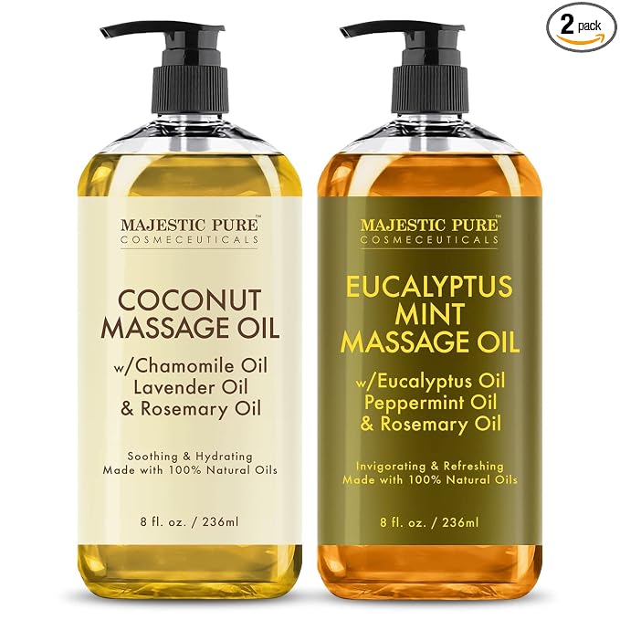 MAJESTIC PURE Coconut Massage Oil (8 oz) and Eucalyptus Mint Massage Oil (8 oz) Bundle