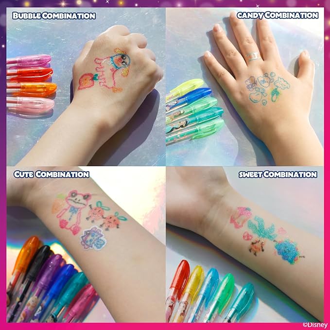 Townley Girl Disney Princess 16 Piece Glitter Pen Body Art Set, Glittery and Bright Colors, Ages 3