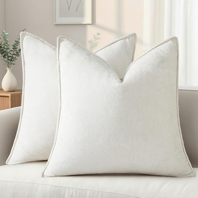 decorUhome Chenille Cream White Velvet Throw Pillow Covers 20x20 Set of 2 | Fall Soft Couch Decorative Modern Farmhouse Pillow Cases with Elegant Design for Sofa Bed Living Room Home Decor