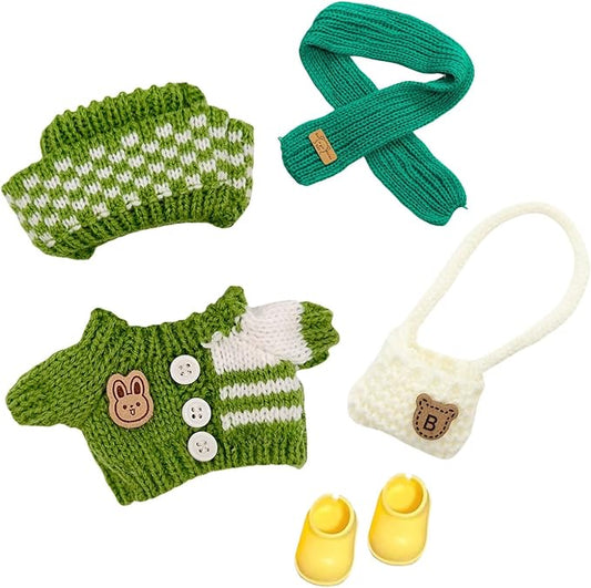5 Pcs-17cm Doll Rabbit Bunny Clothes Autumn Spring Sweater ,Winter Warm Sweater+Hat+Scarf+Hand Bag+Shoes,Fashionable Outfit for Dress up, Doll Costume Cosplay Fashion Dresses -Green