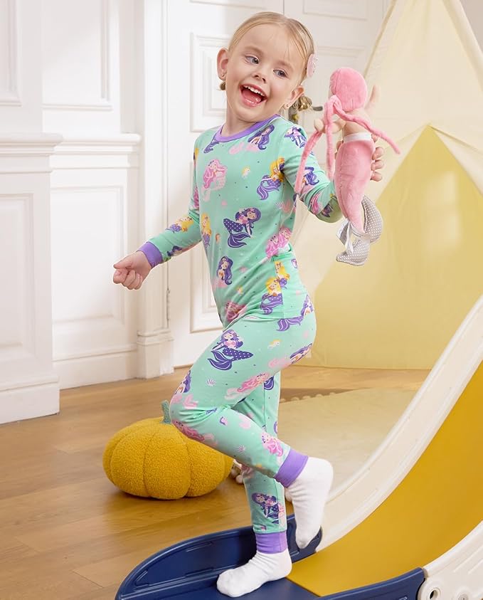 Bamboo Viscose Toddler Girls Kids Pajamas Unicorn Mermaid Pjs Long Sleeve Snug fit 12M-8Y 2pcs Soft Jammies