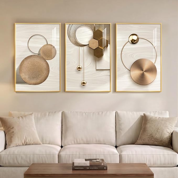Large Framed Modern Luxury Gold Wall Art for Living Room, 3 Piece Bright Style Art Prints Paintings Artwork for Walls, Bronze Gold Geometric Pictures for Hallway Stair Office Wall Decor 20x30 In
