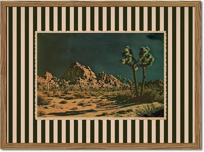 Vintage Western Cactus Wall Art, Southwestern Night Desert Wall Decor Paintings Mid Century Nature Striped Landscape Canvas Prints Artwork for for Living Room Bedroom 16x24 inch Framed