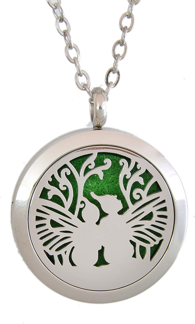 Aromatherapy Essential Oil Diffuser Stainless Steel 30MM Silver Magnetic Locket Pendant 2 Sizes Chain Necklace, Refill Pads & Diffuser Bracelet in a Velvet Bag (Double Fairy)