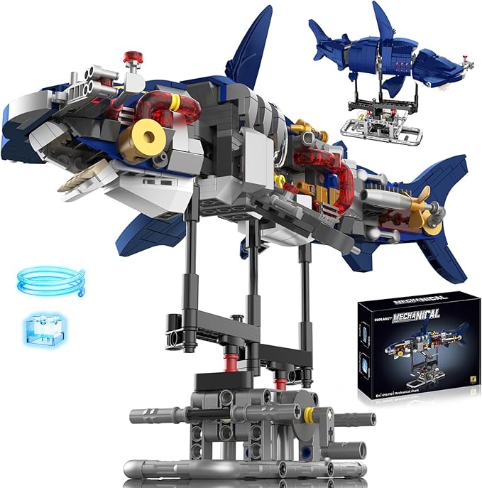 Mechanical Shark Building Set with Lights, Rotatable Link Components & Display Stand, STEM Building Set for Boys 8-14, Home Office Decor for Adults, Mechanical Enthusiasts（631PCS）