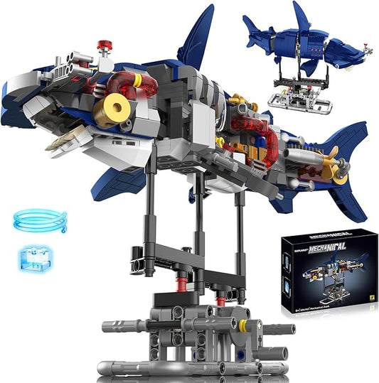Mechanical Shark Building Set with Lights, Rotatable Link Components & Display Stand, STEM Building Set for Boys 8-14, Home Office Decor for Adults, Mechanical Enthusiasts（631PCS）