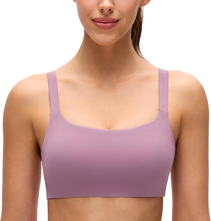 CRZ YOGA Butterluxe Adjustable Wide Strap Sports Bras for Women - Square Back Padded Scoop Neck Yoga Top