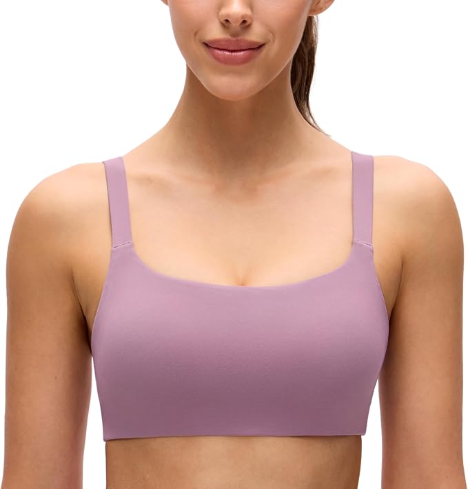 CRZ YOGA Butterluxe Adjustable Wide Strap Sports Bras for Women - Square Back Padded Scoop Neck Yoga Top