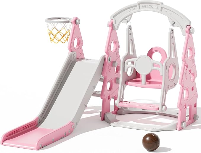 KORIMEFA 4-in-1 Kids Slide and Swing Set, Toddler Slide with Basketball Hoop, Swing, Outdoor Indoor Playground for Toddlers 1-3 Pine Shape Design(4 in1-Pink)