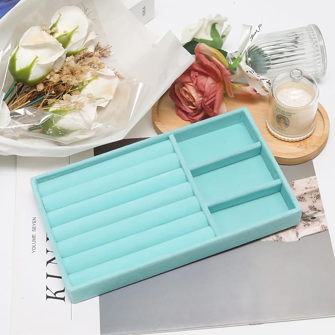 Velvet Jewelry Trays for Drawers, Blue 2-in-1 | Stackable Jewelry Drawer Organizer, Ring Earring Necklace Bracelet Holder Organizer Display Tray with Removable Dividers