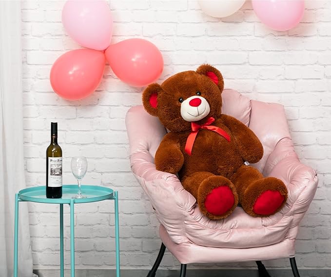BigTeddy Bear Stuffed Animal Giant Teddy Bear Plush with Red Ribbon Bow Plush Toy Gift for Girlfriend Bride 36 inch Brown