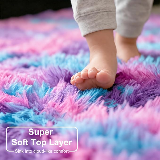 Amdrebio Pink Blue Purple Round Circle Area Rug 4Ft for Girls Bedroom, Fluffy Cute Fuzzy Colorful Pastel Kids Rugs for Nursery Playroom Classroom Dorm, Shag Princess Carpet for Baby Toddler Teen