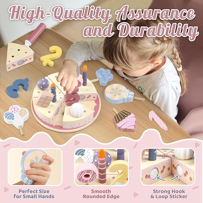Wooden Birthday Party Cake Play Food Sets for Toddler 2 3 4 5 Year Old Girls Boys Kids Kitchen Accessories Pretend Play Toy Gift Educational Toys