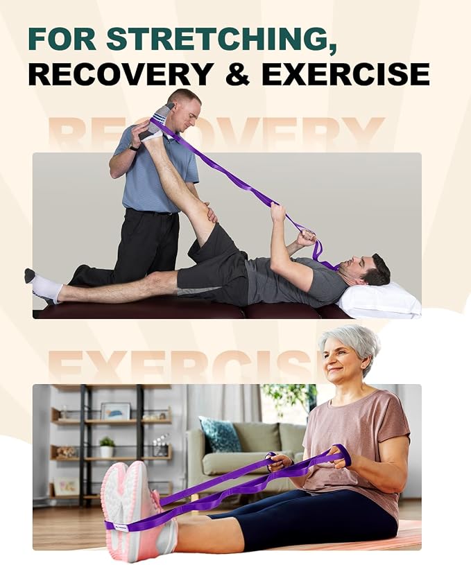 Trideer Non-Elastic Stretching Strap with Loops for Physical Therapy & Rehab, Knee Hip Leg ROM Post-Surgery, Yoga Strap for Stretching, Leg Lifter Strap Mobility Aid, Hamstring Calf Back