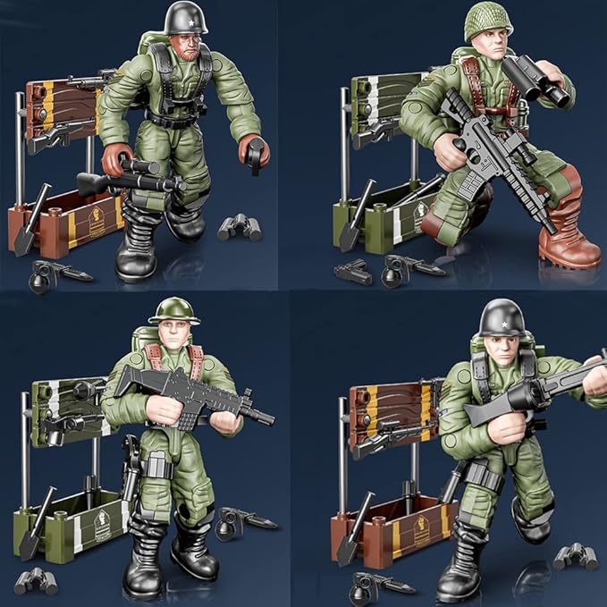 WWII Military Soldiers Action Figure with Weapons and Accessories Building Blocks Playset, 8 PCS 1:36 Scale Mini Army Men Figure, Multiple Movable Joints, Best Gift for Kids 8 9 10