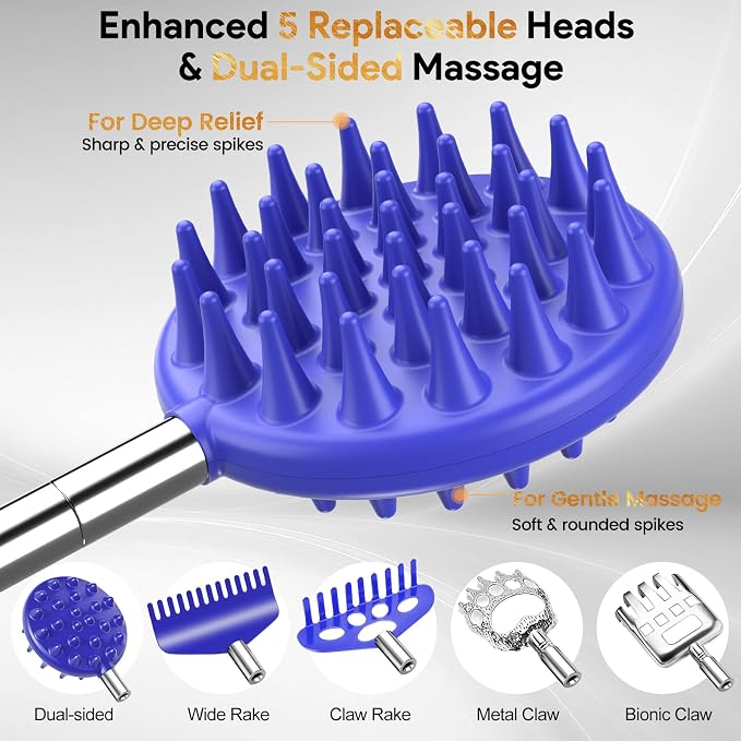 TUKUOS Telescoping Back Scratcher with 5 Detachable Scratching Heads, Valentines Day Gifts for Him Men, Anniversary Birthday Gifts for Men Women Back Scratcher for Men/Dad/Women/Adults - Blue