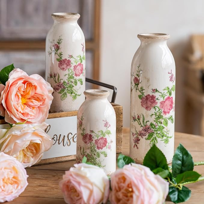 Vintage Vase Set of 3, Ceramic Vintage Flower Vases, Decorative Home Decor Retro Floral Vase Rustic Farmhouse Decor for Table Bookshelf Mantel Kitchen Living Room Office - Pink Flower