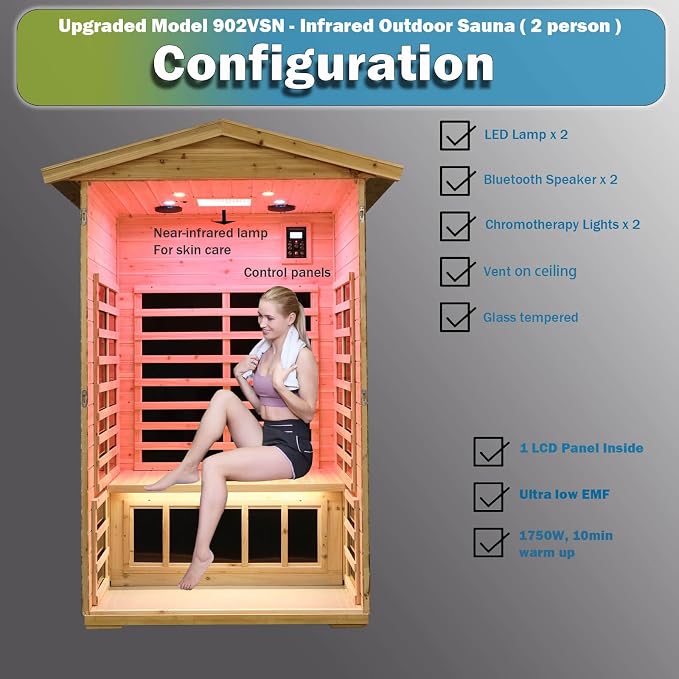 Upgraded Outdoor Sauna 902VSN Far Infrared Saunas, Outdoor Wooden Dry Sauna Low EMF Hemlock Wood (Upgraded Outdoor 2 Person)