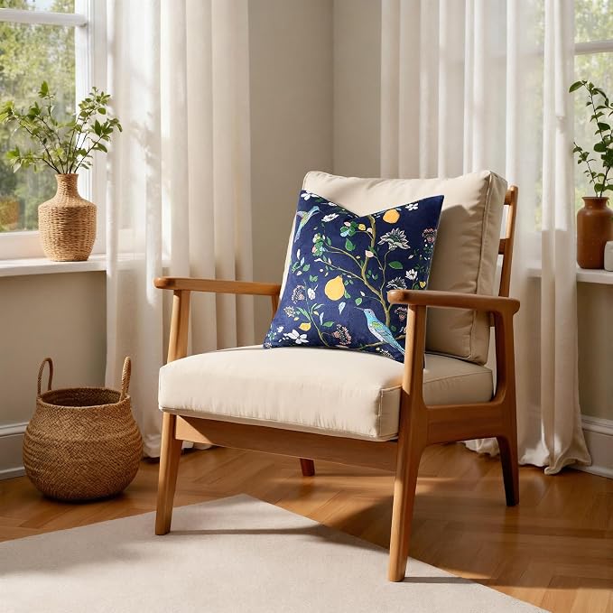 MUSSEL Navy Blue Velvet Floral Decorative 20x20 Pillow Covers Set of 2 | Durable Sturdy,Botanical Printed Pattern,Throw Pillows Case,Square,Colorful Mid Century Cushion Covers,Sofa Couch Decor