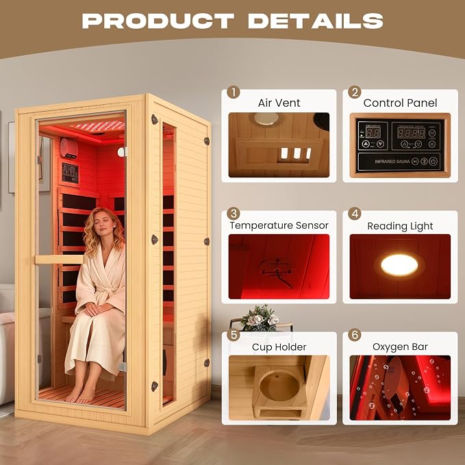 1 Person Infrared Sauna with Red Light Therapy, Full Spectrum Sauna for Home, Indoor Dry Saunas with Rapid Heating 4 Carbon Panels and 1 Carbon Tube, Oxygen Bar and 7 Color Therapy Lights, 110V
