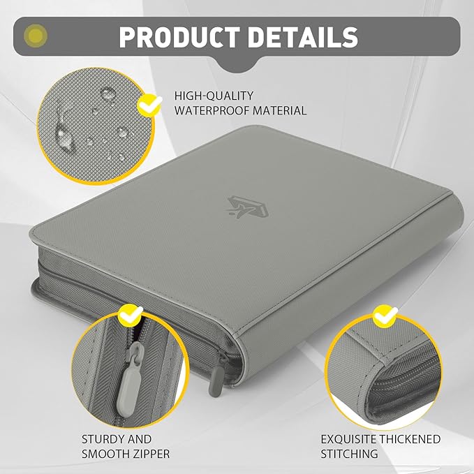 Trading Card Binder 9 Pocket, 360 Pockets Double-Sided Card Album, Premium PU Leather Zipper Card Holder for MTG, TCG, Sports & Game Cards, Must-Have for Collectors（Gray）