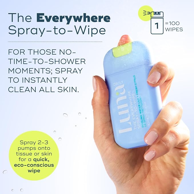 Luna Daily The Everywhere Spray-To-Wipe | Cooling Body Mist & Hydrating pH-Balanced Feminine Care | Cooling Water Lily + Fresh Citrus | Anti-Chafing & Odor Control 80ml