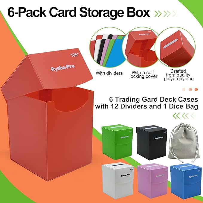 6 Pack Large Card Deck Boxes with 12 Dividers & 1 Dice Bag, Fits 100+ Double-Sleeved Standard Game Cards, Bulk Trading Card Storage Organizer Plastic Cases for MTG TCG Sports Cards, Colorful