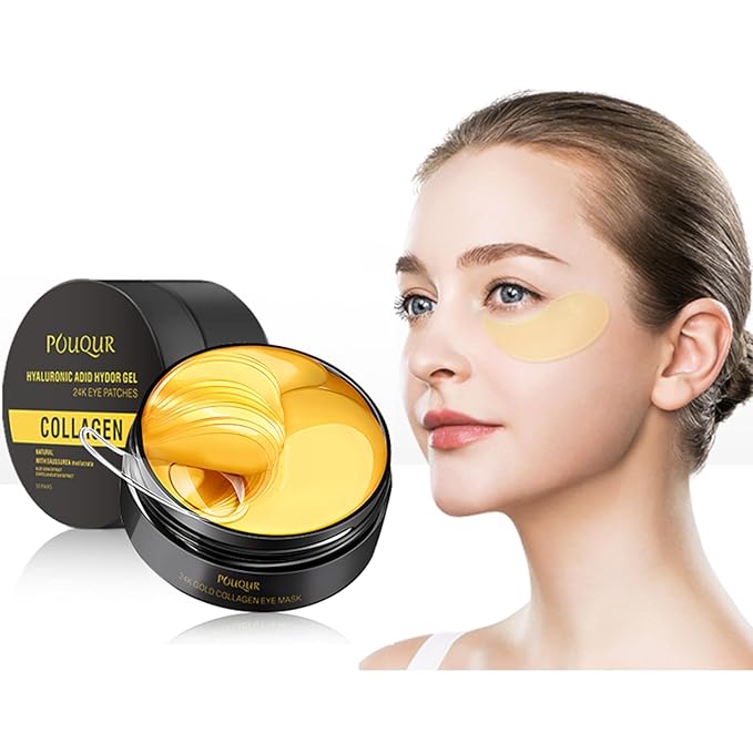 24K Under Eye Patches Gold Collagen Eye Mask, 60 Pairs Hydrogel Under Eye Patches with Hyaluronic Acid, Anti-Aging Treatment for Dark Circles, Puffiness and Fine Lines