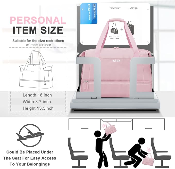 Gym Bag for Women, Personal Item Travel Bag with Shoes Compartment, Weekender Overnight Duffel Bag with Wet Pocket, Carry On Bag for Women, Travel, Gym, Weekend