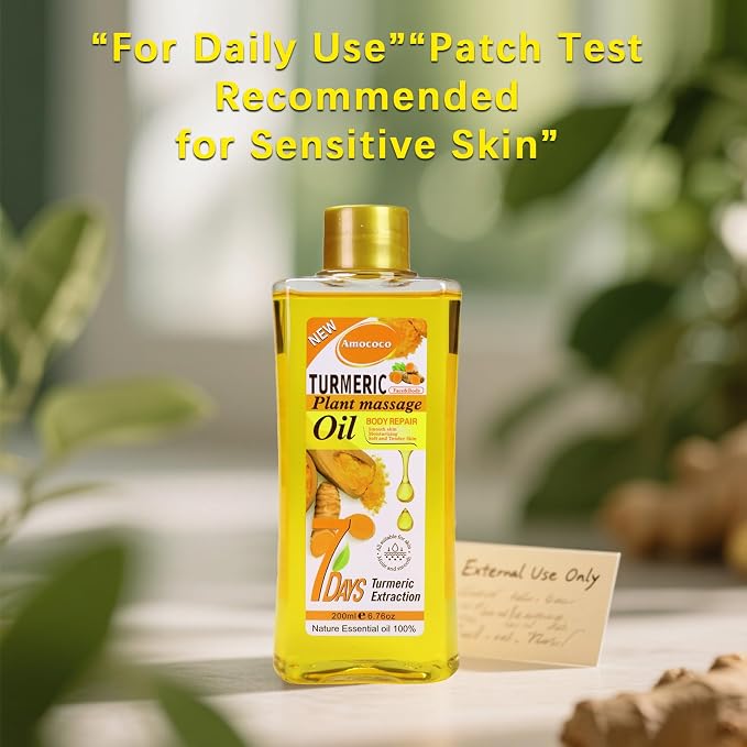 200ml Turmeric Body Oil for Massage & Daily Hydration, Deep Moisturizing with Vitamin E, Collagen, Turmeric Oil for Face and Skin, Self-Massage & At-Home Skin Routine (6.7 fl oz)