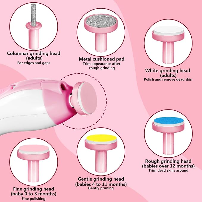 Qunlions life Baby Nail Trimmer Electric, 6 in 1 Rechargeable Baby Nail Clippers Manicure Set Grooming Kit for Toddler Infant or Adults (Pink)