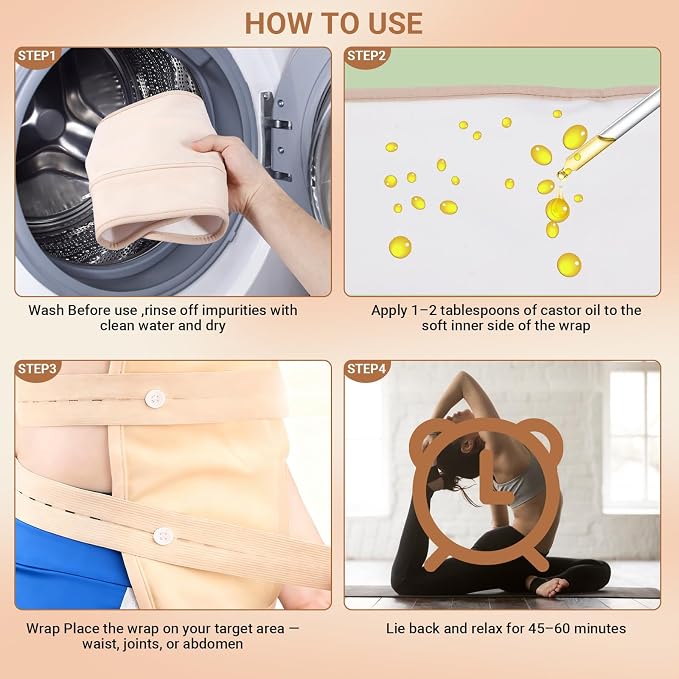 4 Pcs Castor Oil Pack Wrap Organic Cotton for Liver Detox, Stomach, Neck & Breast, Knee, Foot & Entire Body, Reusable Compress Castor Oil Pads Kit with Adjustable Elastic Strap, Anti Oil Leak