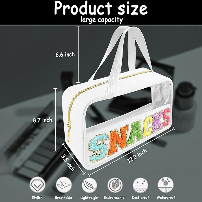 Bunliuys Chenille Letter Clear Makeup Bag Travel Patch, Travel Toiletry Makeup Bag with Handle, Nylon Waterproof Makeup Bags clear cosmetic bag, preppy patch makeup bag for Women (SNACKS-White)