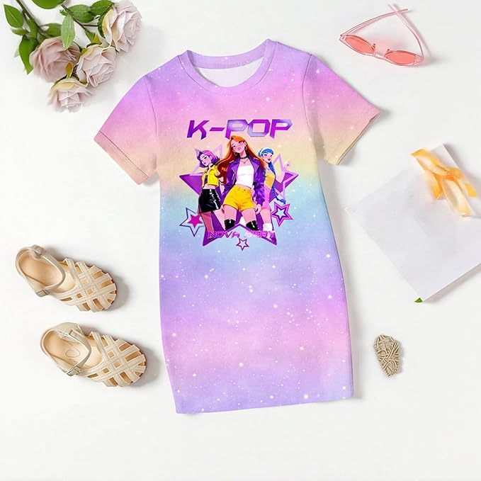 Girl's Anime K-POP Graphic Long Dress T-Shirt - Casual Loose Fit Short Sleeve Top