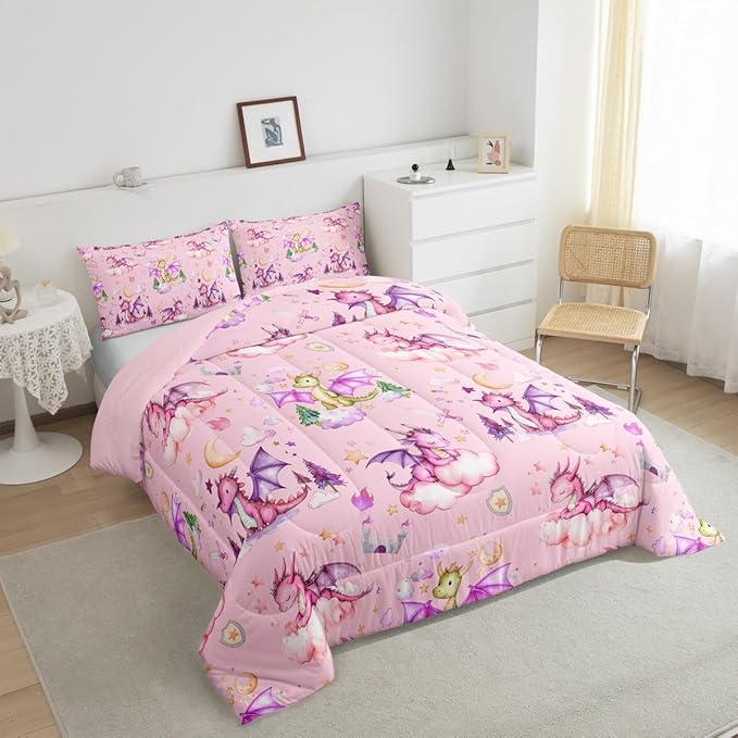 Feelyou Dragon Comforter Set Toddler Size Kawaii Stuff Comforter for Boys Girls Teens Cute Bedding Set Dragon Decor Duvet Set Room Decor Pink Quilt Set
