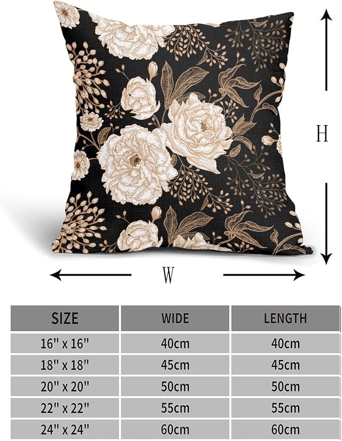 Vintage Peony Roses Floral Plant Pillow Covers 24X24 Inch Set of 2 Chinoiserie White Flower Leaves Decorative Pillow Cases Black Gold Cushion Case Vintage Home Decor for Sofa Couch Outdoor