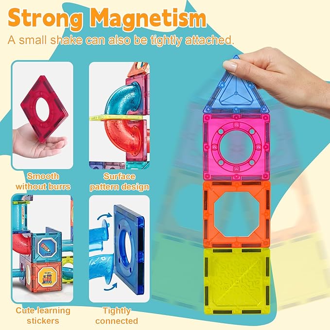 Magnetic Tiles, Funnydin 145PCS Magnetic Tiles Marble Run, Magnetic Building Blocks Set for Kids Ages 3+, Magnet Marble Race Track Toys, STEM Educational Toys Gifts for Boys Girls 5 6 7 8 9+ Years Old