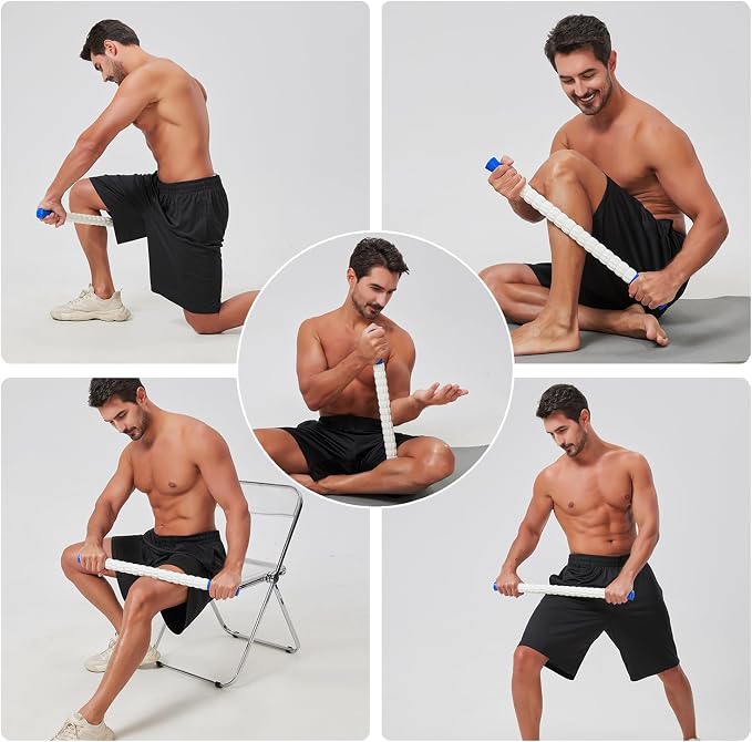 Muscle Roller Massage Roller Stick- Deep Tissue Fascia Blaster for Myofascial Pain Relief, Lymphatic Drainage & Body Sculpting, Handheld Physical Therapy & Recovery Tool (Blue White-24 inch)