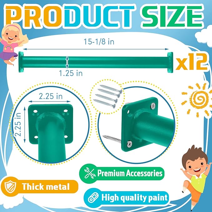 Dunzy 12 Pack Monkey Bars Swing Set Accessories Rods Playset Ladder Rungs Hardware Kit Steel Monkey Bar with Screws for Backyard Playground Equipment Mounting Plates(15-1/8 Inch,Green)