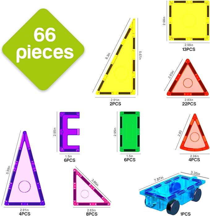 66 pc Magnetic Tiles with Multicolored Car Set, Building Blocks Toys, STEM Educational Learning Magnet Toy Preschool Montessori Boys & Girls Smart Kit Games Gifts for Age 3+ Kids Toddlers