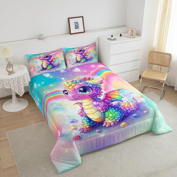 Feelyou Dragon Comforter Set Twin Size Dragon Stuff Comforter for Boys Girls Teens Cute Bedding Set Dragon Decor Duvet Set Room Decor Multicolored Quilt Set