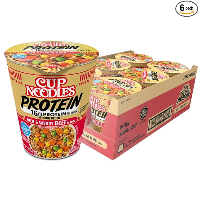 Nissin Cup Noodles Protein Ramen, Beef Flavor with Bone Broth, 16g Protein, 2.54 Ounce Cup (Pack of 6)