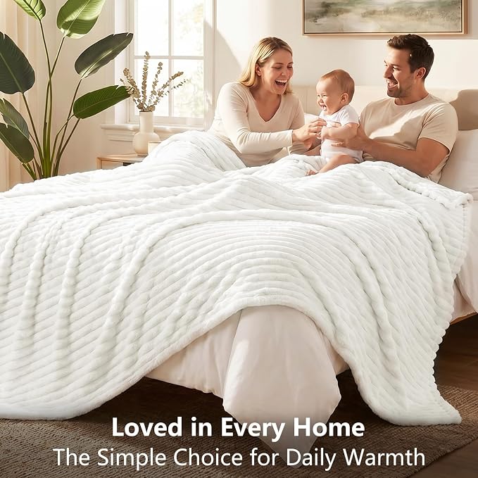 Off White Twin Blanket for Bed & Couch, 60 x 80 Inch | 300GSM Ribbed Fleece Blanket, Soft, Cozy & Lightweight, OEKO-TEX Certified, All-Season Use for Travel, Dorm & Home Decor