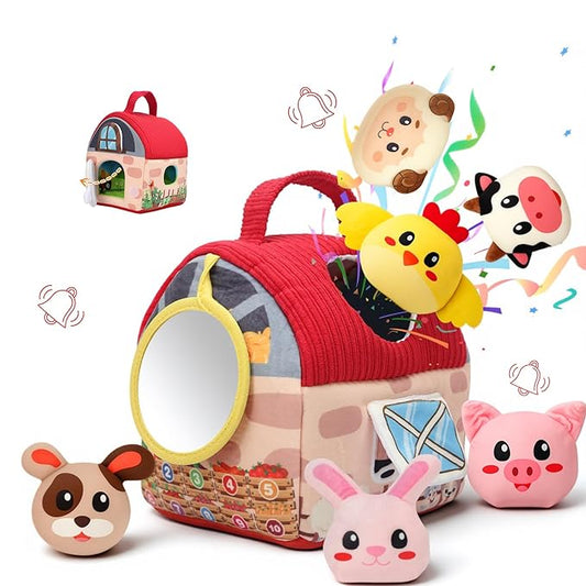Baby Toys 6-12 Months, Surprise Barn Stuffed Farm Animals with Cloth Books, Rattle, Crinkle, Montessori Sensory Toys for 1-3 Old Infants, Plush Gifts for Boys Girls Valentines Day Birthday Easter