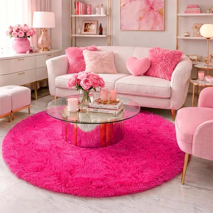 Hot Pink Small Round Rug 3Ft for Girls Bedroom, Fluffy Circle Area Rugs for Kids Room Decor Aesthetic, Shag Plush Fuzzy Furry Carpet for Playroom, Nursery, Dorm, Classroom, Teen, Cute Shaggy Baby Rug