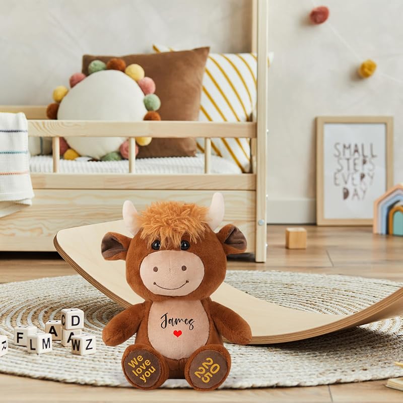 Personalized Highland Cow Stuffed Animal, Farm Cattle Plushie with Custom Name Date Message, Cute Scottish Highland Cows Gift for Baby Kids Adults Women (Brown Cow, 11 Inch)
